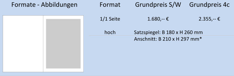Formate  -   Abbildungen   Format   Grundpreis S/W   Grundpreis 4c             1/1 Seite   1 . 680 , --   €   2 . 355 , --   €         hoch   Satzspiegel: B 180 x H 260 mm     Anschnitt: B 210 x H 297 mm*